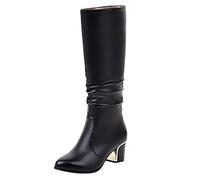Stivali da donna a punta, tacco grosso, stivali da equitazione alti al ginocchio, stivali da donna con suola antiscivolo, scarpe in pelle resistente all'usura, per serate, cocktail e feste, Nero , 37