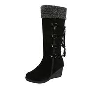 Stivali da donna al ginocchio con zeppa e polsino in pile Turn-Over Top | Stivali invernali da donna, con lacci, con nappa, alla moda, comodi, con tacco basso, per l'uso quotidiano