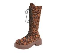Stivali da Donna al Ginocchio Leopardati Platform Tacco Basso Stivaletti con Cinturino Cavalieri Boots Moda Rock Autunno Inverno Festa per Festival Party Serata Look Stagione Fredda Tendenza