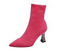 Stivali da donna alla moda a punta in maglia di media lunghezza, tacco a blocco geometrico in rete a spillo grandi dimensioni stivali a metà polpaccio scarpe da donna primavera autunno inverno, Rosa