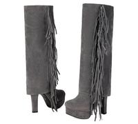 Stivali da Donna con Frange Stivali Alti Fino al Ginocchio in Pelle Scamosciata retrò con Tacco A Blocco Stivali Lunghi con Cerniera Stivali da Neve Caldi con Plateau Tacchi Alti(Gray,36 EU)
