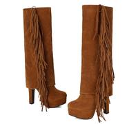 Stivali da Donna con Frange Stivali Alti Fino al Ginocchio in Pelle Scamosciata retrò con Tacco A Blocco Stivali Lunghi con Cerniera Stivali da Neve Caldi con Plateau Tacchi Alti(Brown,37 EU)