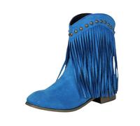 Stivali da donna con frangia, comodi stivali da cowboy in denim, stivali da donna con tacco grosso, stivali retrò western, eleganti stivali da cowboy in pelle scamosciata, stivaletti da cowboy a metà