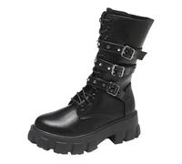 Stivali da donna con plateau alla caviglia con fibbie a pipistrello, con lacci, chiusura lampo, da donna, con punta rotonda, punk, da moto, comfy Short Gothic Booties, Nero , 39 EU