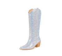 Stivali da Donna con Punta Affusolata, Tacco Medio e Altezza al Polpaccio - Stivali Cowboy Western Vintage per concerti, Matrimoni, Viaggi, Lavoro,Argento,42 EU