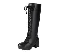 Stivali da donna con punta rotonda, lacci, tacchi spessi e pelle larga, abbigliamento alla moda, stivali alti al ginocchio, stivali estivi da donna, Nero , 36 EU
