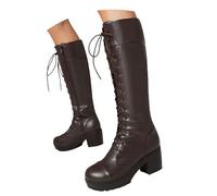 Stivali da donna con punta rotonda, lacci, tacchi spessi e pelle larga, abbigliamento alla moda, stivali alti al ginocchio, stivali estivi da donna, marrone, 39 EU