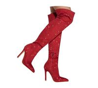 Stivali da donna con tacco a spillo glitterato a spillo scintillanti a punta con diamante a punta tacco alto cerniera laterale sopra il ginocchio stivali, Rosso, 37.5 EU