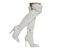 Stivali da donna con tacco a spillo glitterato a spillo scintillanti a punta con diamante a punta tacco alto cerniera laterale sopra il ginocchio stivali, Beige, 36 EU