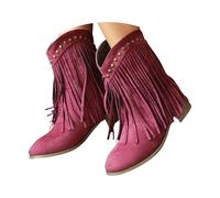 Stivali da donna con tacco - Stivali da cowboy da donna con frange con rivetto alla caviglia, con tacco a blocco, stivali occidentali a mezza gamba tinta unita da donna, Vino, 41