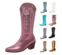 Stivali da donna Cowboy Stivaletti polpaccio Stivali alti moda vintage stivali mezze canne originali Stivale tacco largo antiscivolo Stivale ricamato eleganti scarpe senza lacci per l'inverno autunno