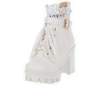 Stivali da donna impermeabili con tacco alto grosso alla caviglia casual vintage comodi classici eleganti in pizzo marrone stivali da combattimento all'aperto passeggiate feste, bianco, 40.5 EU