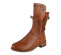 Stivali da donna in pelle, con chiusura lampo, da donna, con punta tonda, con tacco basso e tacco basso, marrone, 36 EU