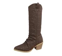 Stivali da Donna in Pelle Decorati con Strass Gambale Medio Moda Primavera Autunno Eleganti per Festa Serata Ballo Cerimonia Evento Ufficio Città Look Glamour Femminile per Outfit Moda Donna