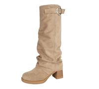 Stivali da donna in pelle scamosciata, con punta arrotondata, tacco basso e | Stile slouchy, a mezza gamba, con cerniera laterale continua, scarpe versatili per la vita quotidiana, lavoro