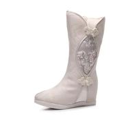 Stivali da Donna in Stile Cinese Tradizionale con Ricami Floreali A metà Polpaccio Scarpe Hanfu Calde E Foderate in Peluche Stivali Casual con Zeppa Nascosta Shoes Teatrali(Gold,34 EU)