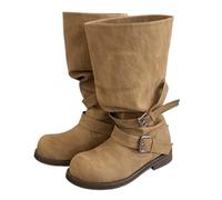Stivali da donna invernali al ginocchio, design punk, con fibbia per cintura e punta rotonda con tacco quadrato basso per uno stile confortevole ma spigoloso, Marrone, 39.5 EU