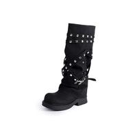 Stivali da Donna Neri retrò, Stivali da Combattimento gotici con Borchie, Tacco Basso a Blocco, Altezza Media al Polpaccio, per Moda Y2K, Halloween, Outfit da Festival,Nero,38 EU