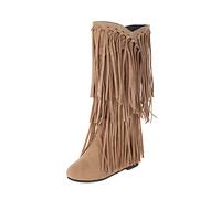 Stivali da donna Plus Size Suede Fringe Mid-Polpet, Khaki, Stile occidentale Inverno Tacco Grosso Stivali Interno Booster Mid Length Nero Caviglia Donne, Beige, 38 EU