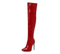 Stivali da donna sopra il ginocchio con cerniera laterale alta coscia stretch slim stretch pull on stiletto abito décolleté discoteca scarpe da ballo, Rosso, 38 EU