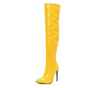 Stivali da donna sopra il ginocchio con cerniera laterale alta coscia stretch slim stretch pull on stiletto abito décolleté discoteca scarpe da ballo, Giallo, 40 EU