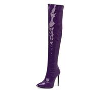Stivali da donna sopra il ginocchio con cerniera laterale alta coscia stretch slim stretch pull on stiletto abito décolleté discoteca scarpe da ballo, Viola, 39 EU