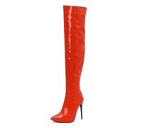 Stivali da donna sopra il ginocchio con cerniera laterale alta coscia stretch slim stretch pull on stiletto abito décolleté discoteca scarpe da ballo, Arancione, 37.5 EU