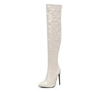 Stivali da donna sopra il ginocchio con cerniera laterale alta coscia stretch slim stretch pull on stiletto abito décolleté discoteca scarpe da ballo, bianco, 40 EU