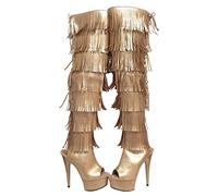 Stivali da Donna sopra Il Ginocchio con Punta Aperta - Tacco a Spillo 15 cm Chiusura con Cerniera Polpaccio Largo per Festival Glamour e Feste in Spiaggia,d'oro,37 EU