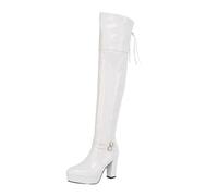 Stivali da donna sopra il ginocchio in pelle verniciata tacchi alti piattaforma cerniera laterale discoteca moda festa calzature invernali, bianco, 49 EU