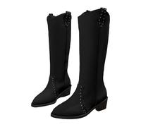 Stivali da donna vintage classici invernali tinta unita scarpe leggere in pizzo con tacco a blocco, stivali invernali eleganti con tacco alto alla moda, Nero , 37 EU