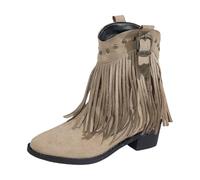 Stivali da donna vintage in pelle per donna, stivaletti eleganti in pelle scamosciata, con tacco medievale, stivali da donna con frange, cachi, 43 EU
