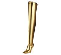 Stivali da equitazione da donna, alla moda, metallizzati, a punta, sopra il ginocchio, elasticizzati, con cerniera laterale, scarpe da ballo, Oro, 34 EU