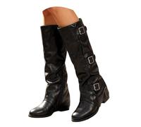 Stivali da equitazione da donna con dettagli e pieghe, stivali europei con punta rotonda e tacco a blocco, versatili, stivali da cowboy da donna, Nero , 38.5 EU