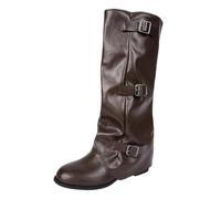 Stivali da equitazione da donna con dettagli e pieghe, stivali europei con punta rotonda e tacco a blocco, versatili, stivali da cowboy da donna