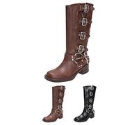 Stivali da motociclista da donna con fibbia, stile punk, tacco basso, punta quadrata, gamba larga, stivali goth a metà polpaccio, stivaletti retrò gotici alla moda da motociclista Laides Pu Bootie