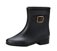 Stivali da pioggia da donna a mezza altezza, scarpe da pioggia da donna, comodi stivaletti con tacco a blocco, scarpe da lavoro, scarpe da lavoro, alla moda, impermeabili, antiscivolo, da pesca, Nero
