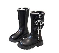 Stivali da ragazza al ginocchio con cerniera laterale fiocco perla | Ecopelle Punta chiusa Elegante Calzature Versatile Caldo Casual Classico Bambini Passeggiate in città Abbigliamento
