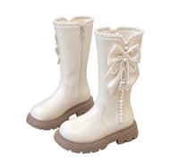 Stivali da ragazza al ginocchio con cerniera laterale fiocco perla | Ecopelle Punta chiusa Elegante Calzature Versatile Caldo Casual Classico Bambini Passeggiate in città Abbigliamento
