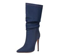 Stivali di Jeans a Spillo con Punta a Punta da Donna, Stivali al Polpaccio Blu lavati Carini alla Moda, Abito da Discoteca Sexy con Tacchi Alti,Dark Blue,40 EU