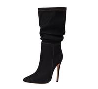 Stivali di Jeans a Spillo con Punta a Punta da Donna, Stivali al Polpaccio Blu lavati Carini alla Moda, Abito da Discoteca Sexy con Tacchi Alti,Nero,40 EU