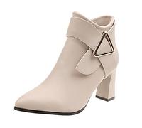 Stivali Donna Cerniera Decorazione in Metallo Solido Scarpe con Tacco Quadrato Party (36,Beige)