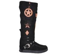 Stivali Donna Indianini Nero al Ginocchio con Frange Zeppa Interna 5 cm e Stemma Scamosciati Alti Moda (39 EU)