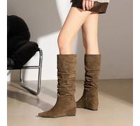 Stivali Donna Marrone Al Ginocchio Effetto Camoscio Slim Zeppa Interna CF62124