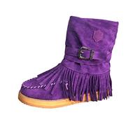 Stivali Donna Moda Casual Punta Tonda Retro Frangia Scarpe Basse alla Caviglia (42,1Viola)