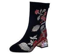 Stivali Donna Retro Tacchi Quadrati Stivali con Cerniera Ricamata in Stoffa Scarpe a Punta (39,Nero)