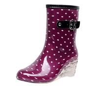 Stivali impermeabili da donna con cerniera, stivali da pioggia da donna, stivali da pioggia a metà polpaccio a pois con cinturino con fibbia e tacco a zeppa, calzature eleganti per gite casual, viaggi