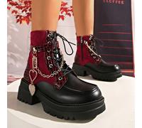 Stivali invernali da donna con nuovi colori solidi, effetto patchwork, lacci, catena a forma di cuore, cerniera laterale, suola spessa e tacco chunky, stile punk fashion versatile casual con tacco alt