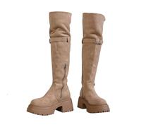 Stivali invernali da donna con plateau, sopra il ginocchio, foderati | Stivali lunghi in pelle scamosciata con tacco a blocco, eleganti stivaletti senza lacci, stivali termici in peluche