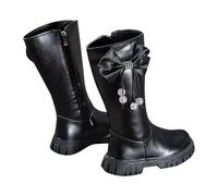 Stivali invernali da ragazza, alla moda, alti e impermeabili, in pelle, foderati termici, suola antiscivolo, stivali lunghi da principessa con fiocco, per la scuola, comode scarpe per bambini, 03 Nero